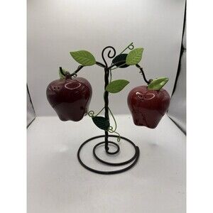 Apple Salt Pepper Shakers Set w Stand Farmhouse Kitchen Decor